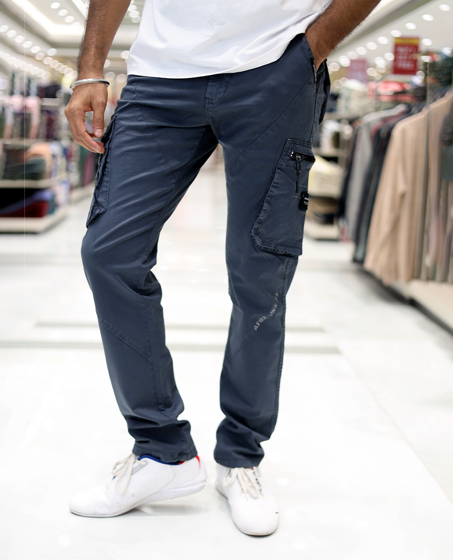 Blue Plain Cotton-Blended Cargo Trousers Come with a Regular Fit, Belt Loops, and Regular Length
