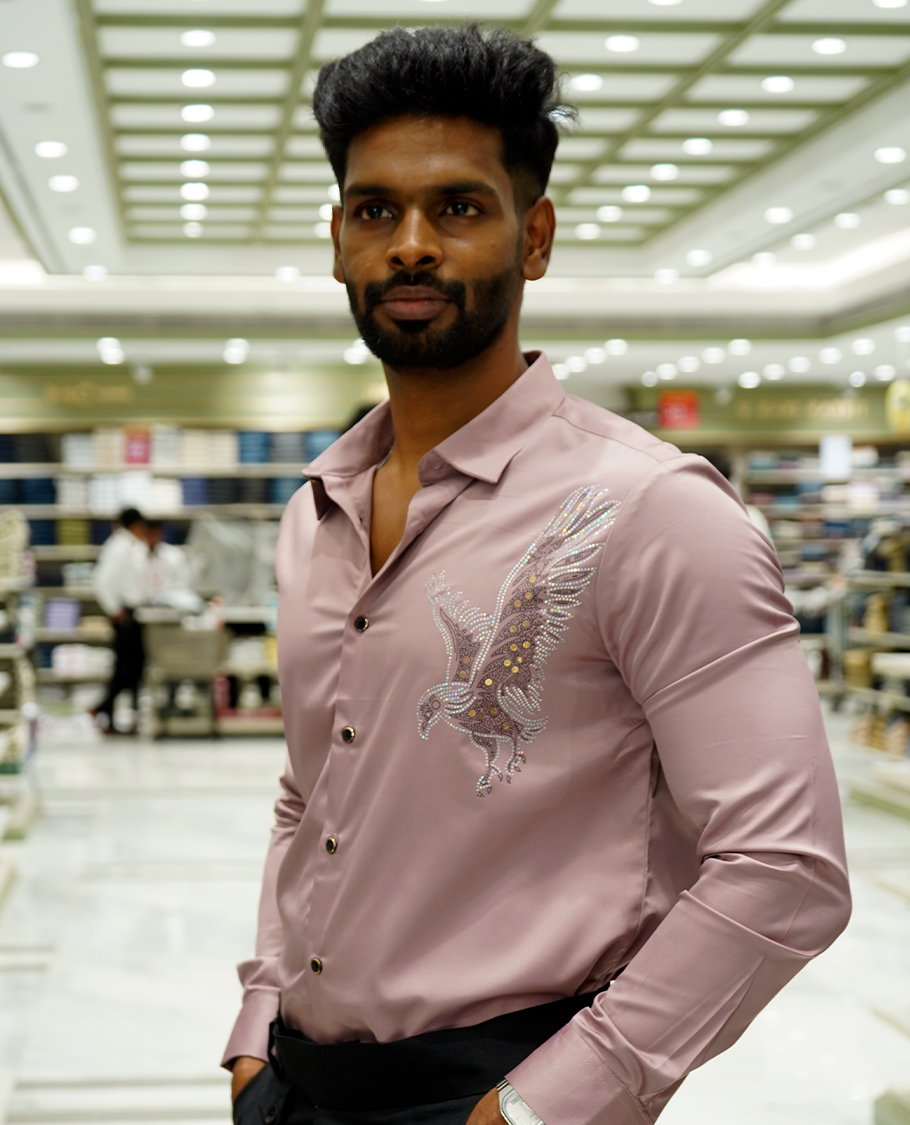 Onion Pink Designer Party Wear Shirt Features Bird Embroidered, a Spread Collar, Full Sleeves, a Slim Fit, and Regular Length