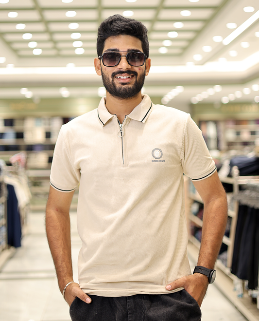 Cream Corduroy T-Shirt Comes with a Polo Neck, Half-Sleeves, a Slim Fit, and Regular Length