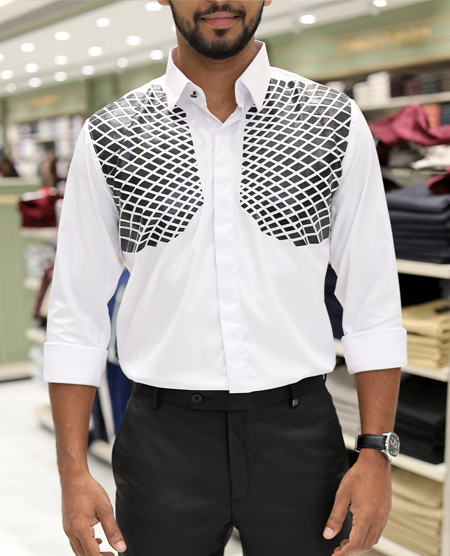 White Poly-Blended Party Wear Shirt, Features Geometric Flock Print, Full Sleeves, Spread Collar, Slim Fit, and Regular Length 