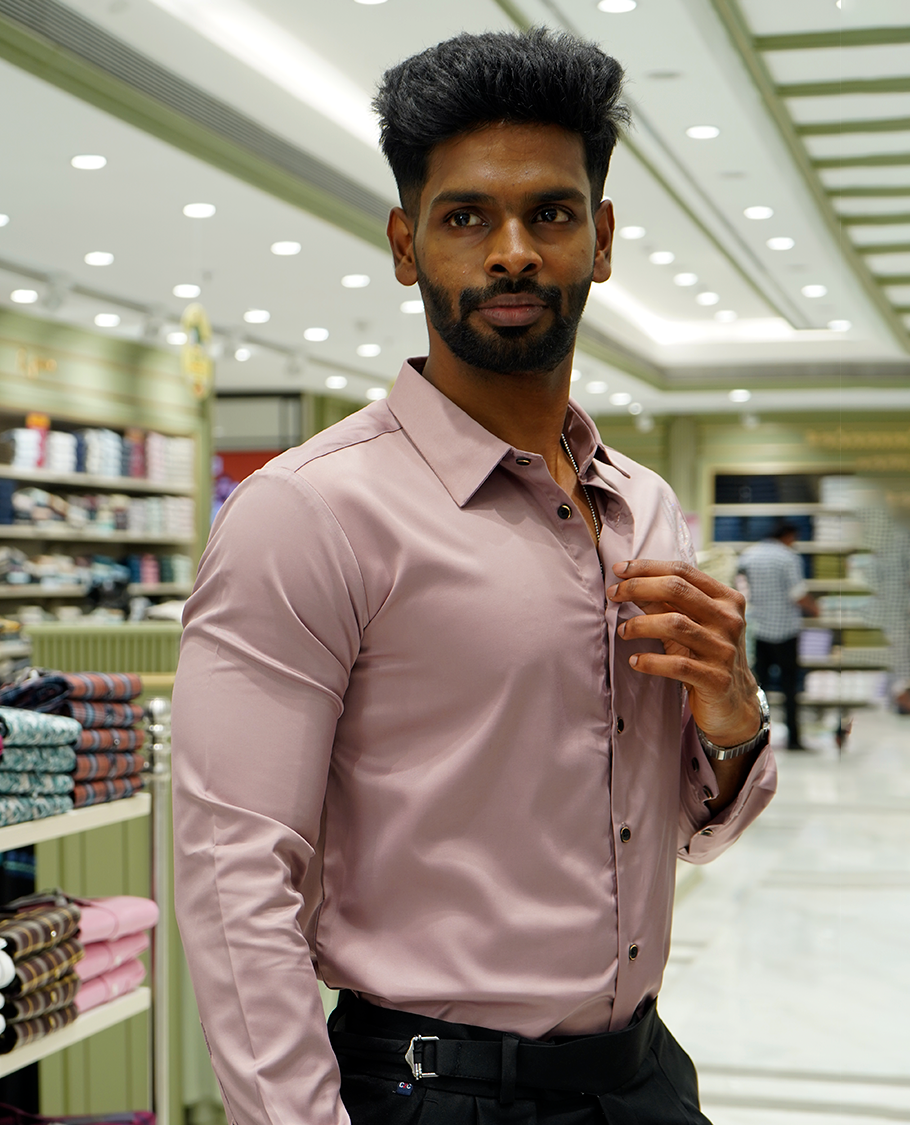 Onion Pink Designer Party Wear Shirt Features Bird Embroidered, a Spread Collar, Full Sleeves, a Slim Fit, and Regular Length