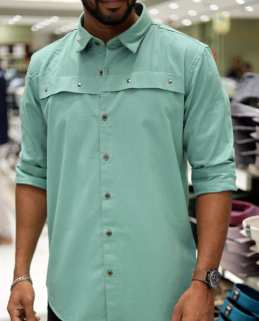 Light Green Cotton-Blended Casual Shirt Showcasing Life-Quotes Backprint, Full-Sleeves, a Spread Collar, a Regular Fit, and a Regular Length