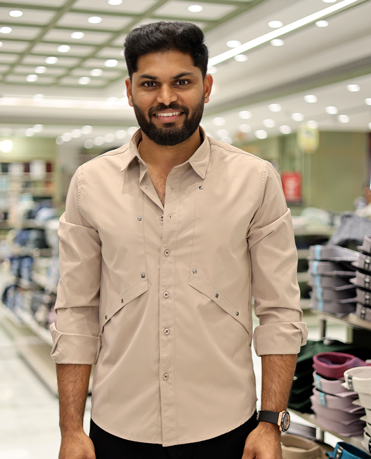 Beige Cotton-Blended Casual Shirt Features Life-Quotes Backprint, Full-Sleeves, a Spread Collar, a Regular Fit, and a Regular Length