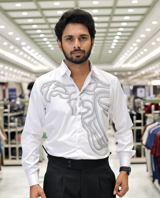 White Poly-Blended Party Wear Shirt, Features Vines-Themed Stone Work, Full Sleeves, a Spread Collar, Slim Fit, and Regular Length 