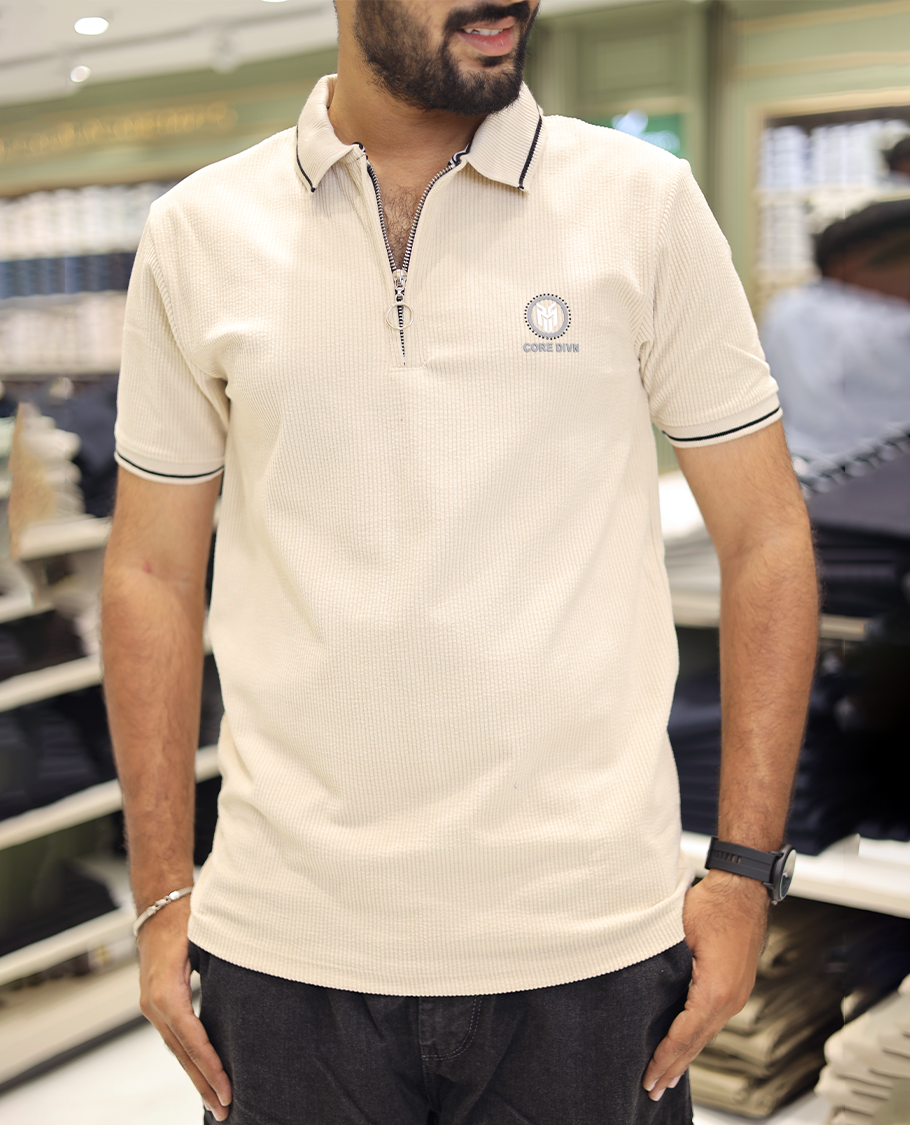 Cream Corduroy T-Shirt Comes with a Polo Neck, Half-Sleeves, a Slim Fit, and Regular Length