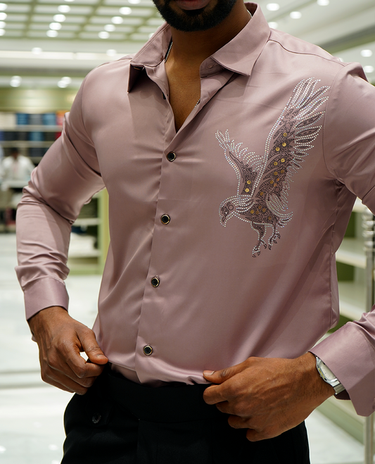 Onion Pink Designer Party Wear Shirt Features Bird Embroidered, a Spread Collar, Full Sleeves, a Slim Fit, and Regular Length