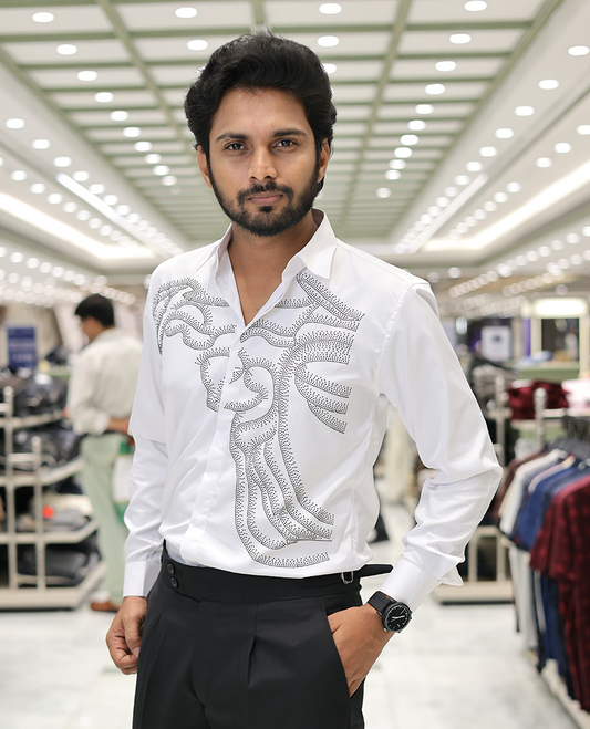 White Poly-Blended Party Wear Shirt, Features Vines-Themed Stone Work, Full Sleeves, a Spread Collar, Slim Fit, and Regular Length 