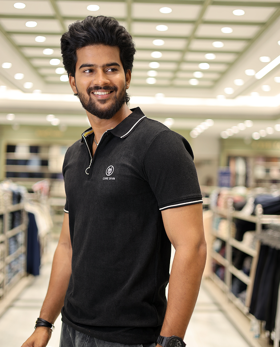 Black Corduroy T-Shirt Comes with a Polo Neck, Half-Sleeves, a Slim Fit, and Regular Length