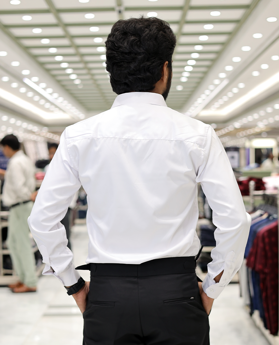 White Poly-Blended Party Wear Shirt, Features Vines-Themed Stone Work, Full Sleeves, a Spread Collar, Slim Fit, and Regular Length 