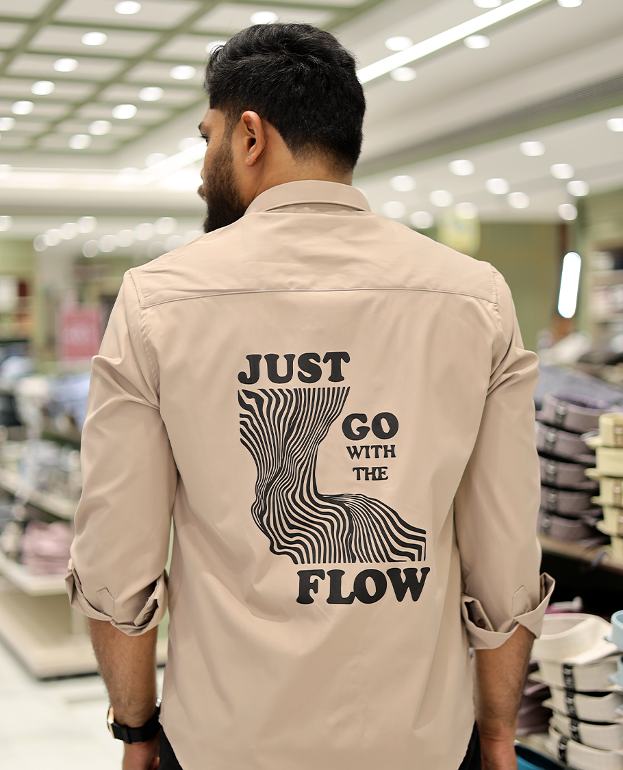 Beige Cotton-Blended Casual Shirt Features Life-Quotes Backprint, Full-Sleeves, a Spread Collar, a Regular Fit, and a Regular Length