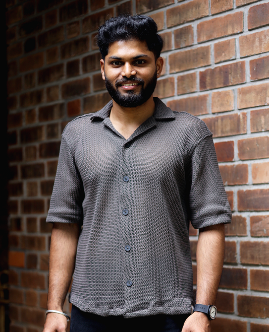 Brown Cotton-Blended Crochet Casual Shirt Features Half Sleeves, a Regular Fit, a Cuban Collar, and a Regular Length