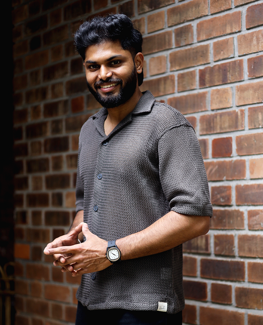 Brown Cotton-Blended Crochet Casual Shirt Features Half Sleeves, a Regular Fit, a Cuban Collar, and a Regular Length