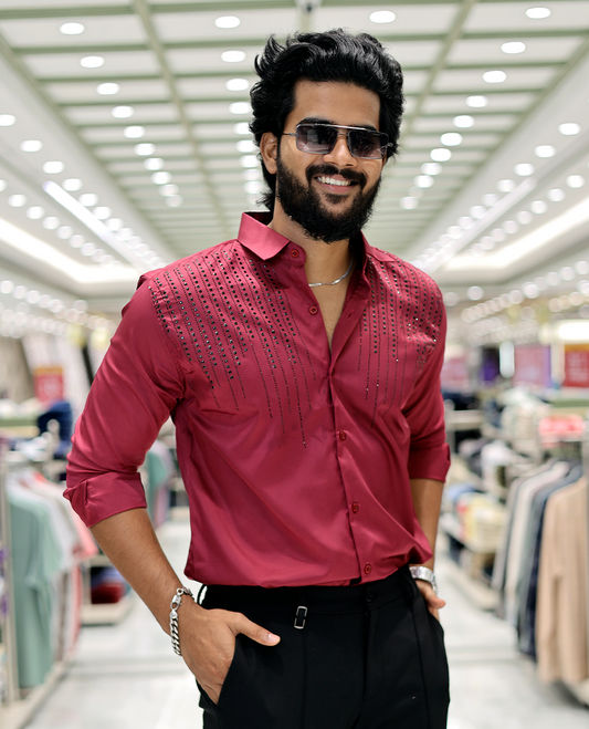 Red Poly-Blended Party-Wear Shirt Features Stonework, a Full Sleeve, a Spread Collar, a Slim Fit, and Regular Length