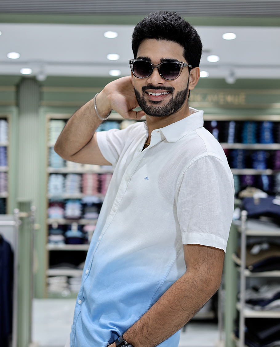 Blue Cotton-Blended Ombre Casual Shirt Features Half Sleeves, a Spread Collar, a Regular Fit, and a Regular Length