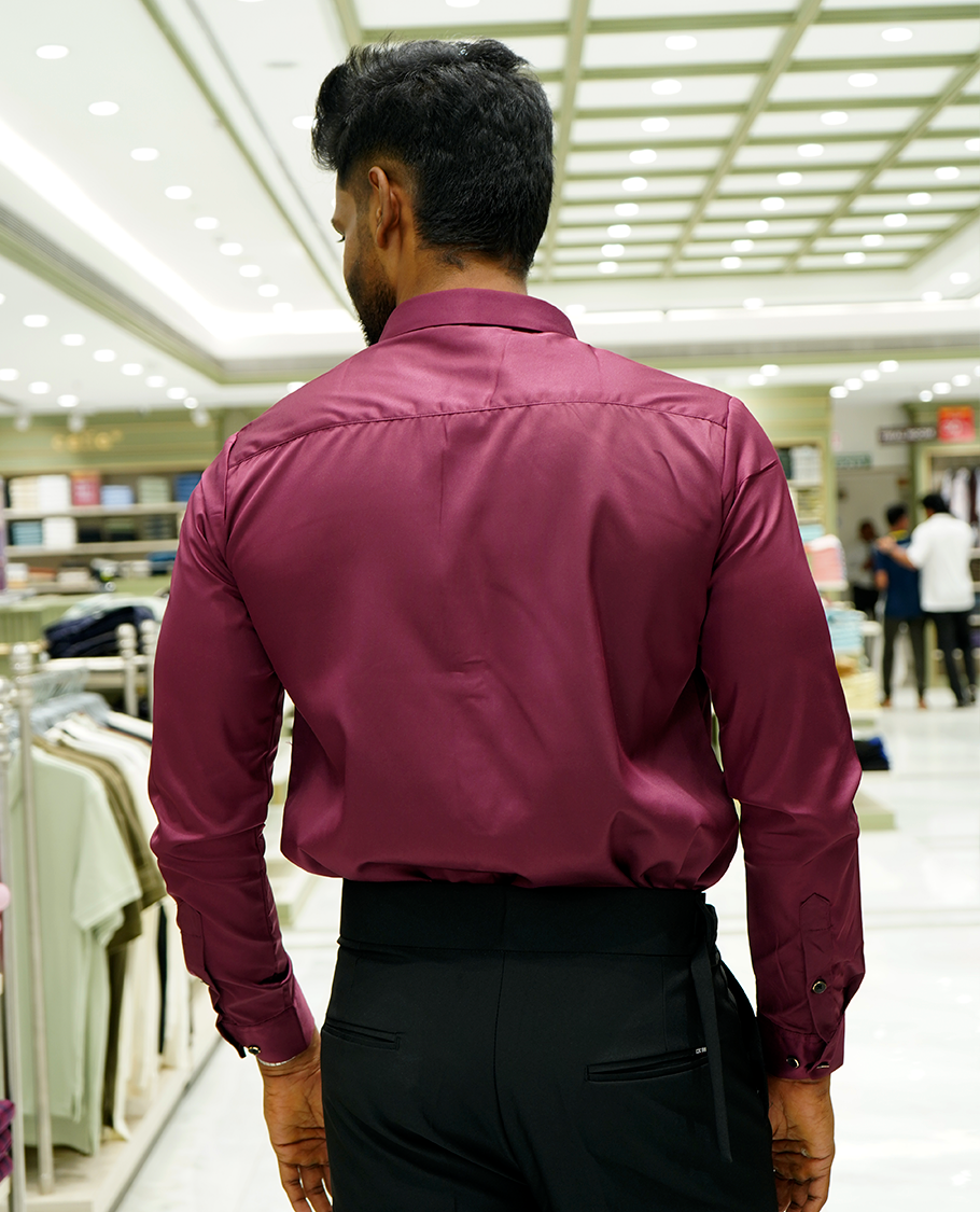 Wine Designer Party Wear Shirt Features Bird Embroidered, a Spread Collar, Full Sleeves, a Slim Fit, and Regular Length