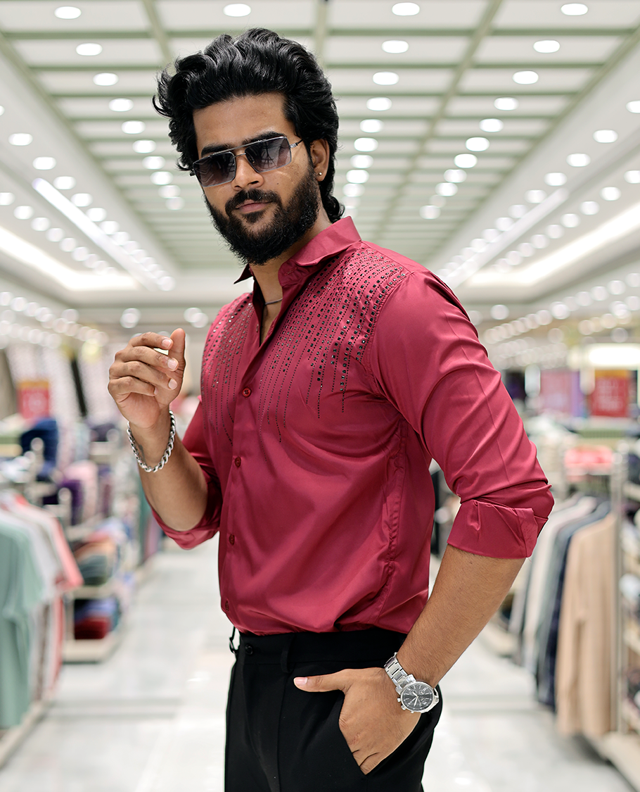 Red Poly-Blended Party-Wear Shirt Features Stonework, a Full Sleeve, a Spread Collar, a Slim Fit, and Regular Length