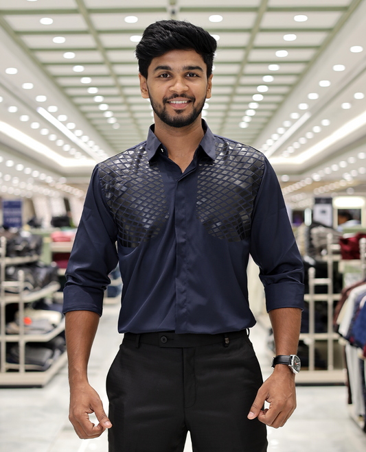Navy Blue Poly-Blended Party Wear Shirt, Features Geometric Flock Print, Full Sleeves, Spread Collar, Slim Fit, and Regular Length 