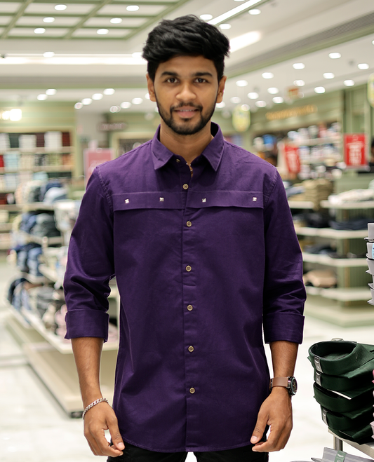 Purple Cotton-Blended Casual Shirt Features Life-Quotes Backprint, Full-Sleeves, a Spread Collar, a Regular Fit, and a Regular Length