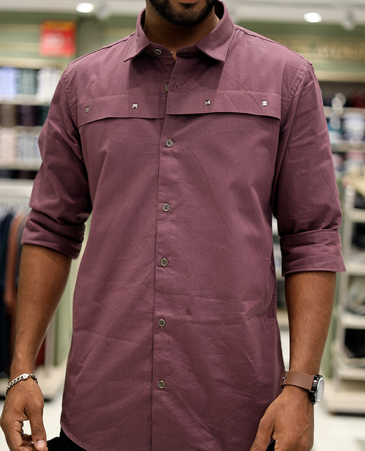 Mauve Cotton-Blended Casual Shirt Features Life-Quotes Backprint, Full-Sleeves, a Spread Collar, a Regular Fit, and a Regular Length