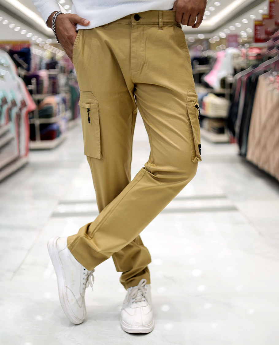 Beige Plain Cotton-Blended Cargo Trousers Come with a Regular Fit, Belt Loops, and Regular Length