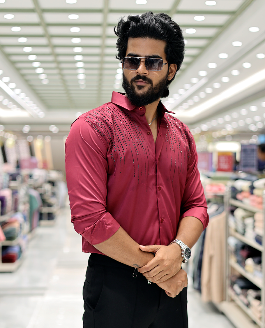 Red Poly-Blended Party-Wear Shirt Features Stonework, a Full Sleeve, a Spread Collar, a Slim Fit, and Regular Length