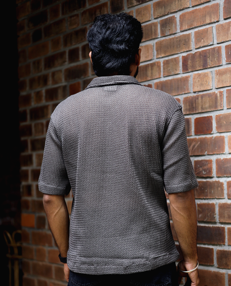 Brown Cotton-Blended Crochet Casual Shirt Features Half Sleeves, a Regular Fit, a Cuban Collar, and a Regular Length