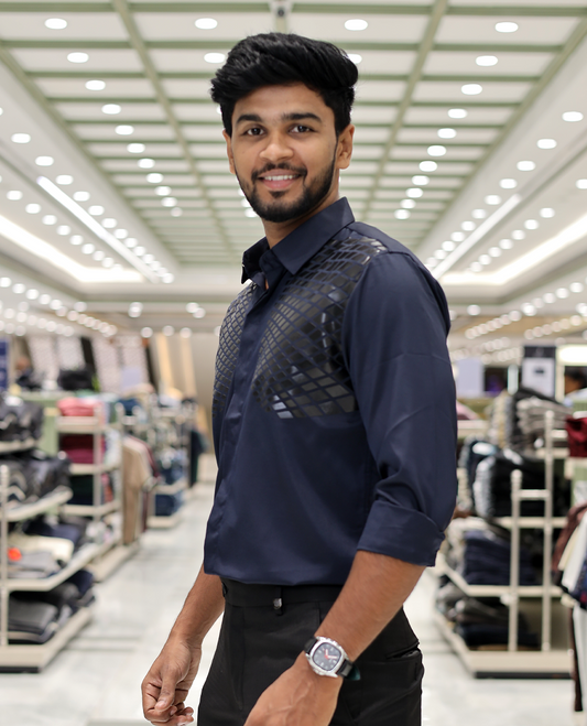 Navy Blue Poly-Blended Party Wear Shirt, Features Geometric Flock Print, Full Sleeves, Spread Collar, Slim Fit, and Regular Length 