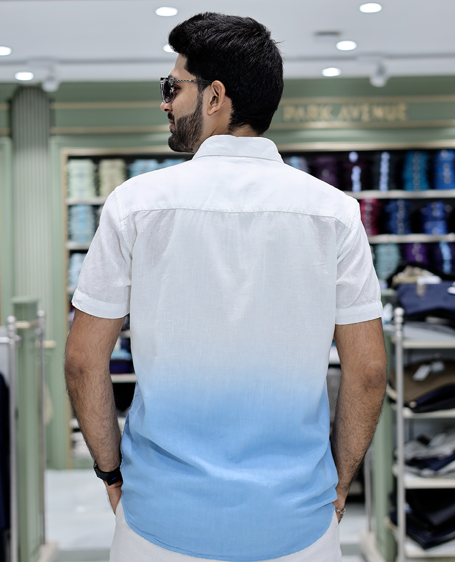 Blue Cotton-Blended Ombre Casual Shirt Features Half Sleeves, a Spread Collar, a Regular Fit, and a Regular Length