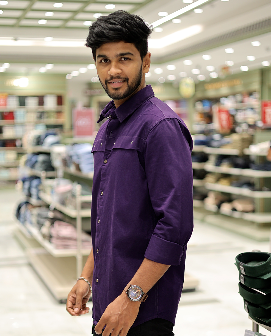 Purple Cotton-Blended Casual Shirt Features Life-Quotes Backprint, Full-Sleeves, a Spread Collar, a Regular Fit, and a Regular Length