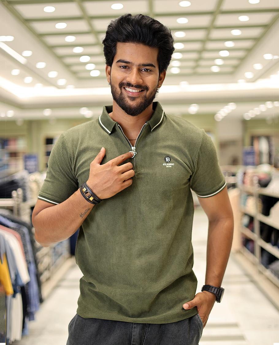 Green Corduroy T-Shirt Comes with a Polo Neck, Half-Sleeves, a Slim Fit, and Regular Length