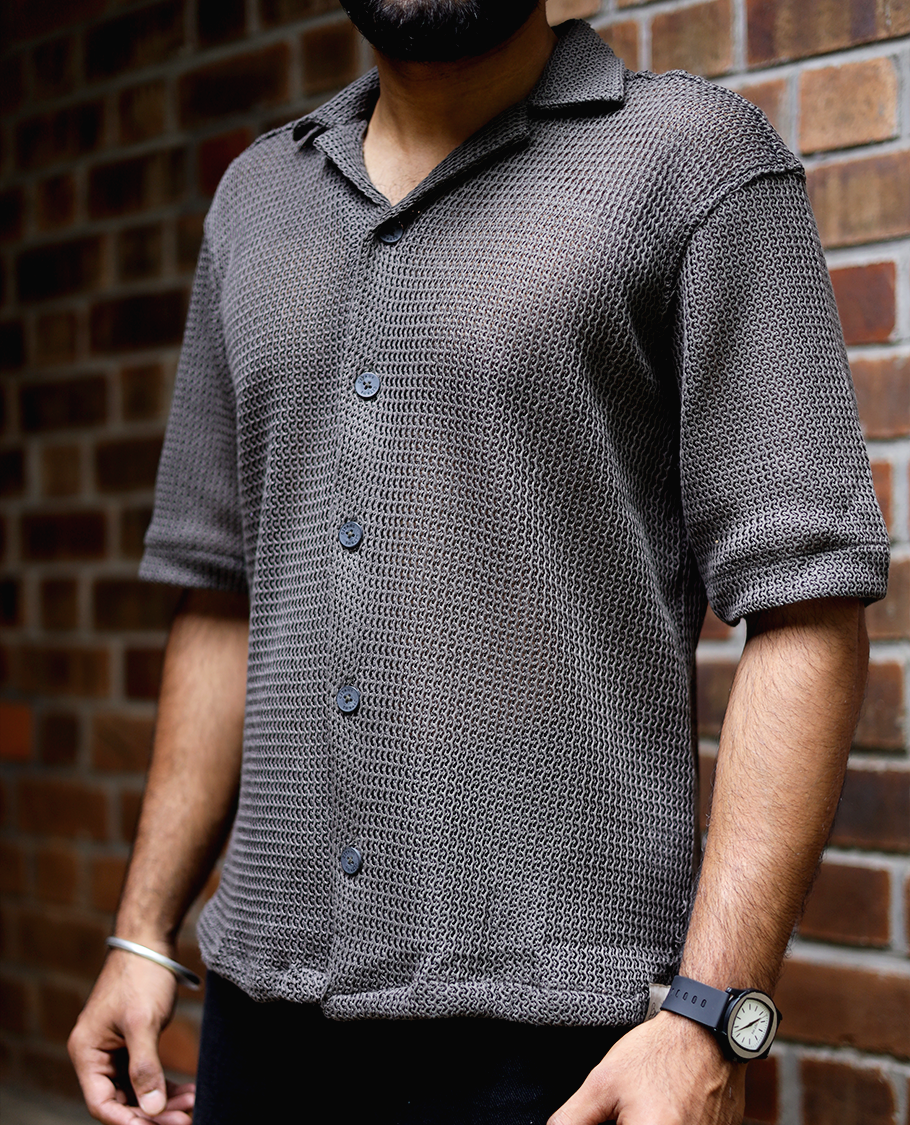Brown Cotton-Blended Crochet Casual Shirt Features Half Sleeves, a Regular Fit, a Cuban Collar, and a Regular Length