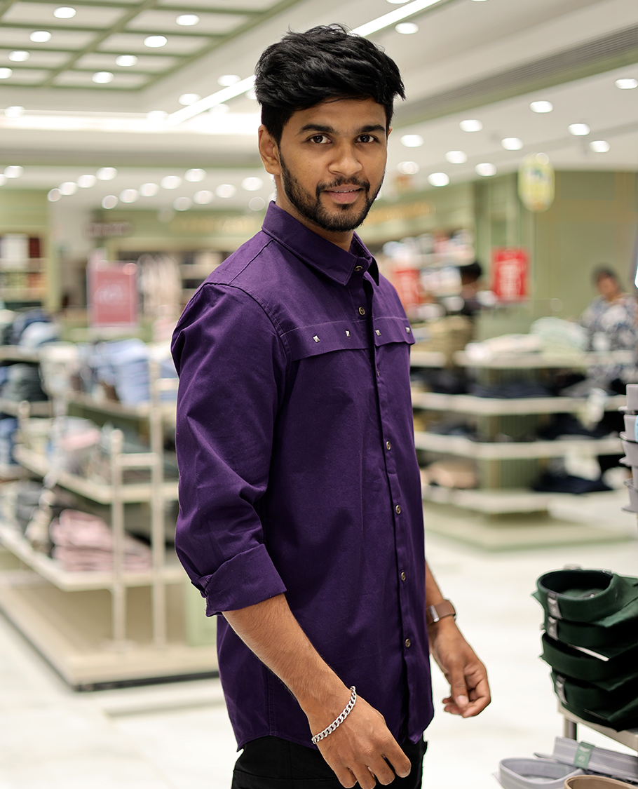 Purple Cotton-Blended Casual Shirt Features Life-Quotes Backprint, Full-Sleeves, a Spread Collar, a Regular Fit, and a Regular Length