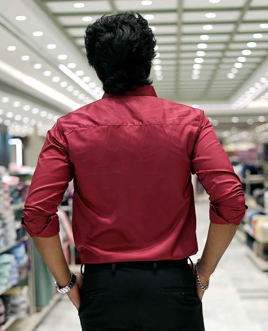 Red Poly-Blended Party-Wear Shirt Features Stonework, a Full Sleeve, a Spread Collar, a Slim Fit, and Regular Length