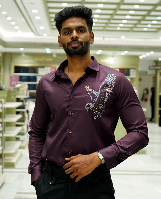 Wine Designer Party Wear Shirt Features Bird Embroidered, a Spread Collar, Full Sleeves, a Slim Fit, and Regular Length