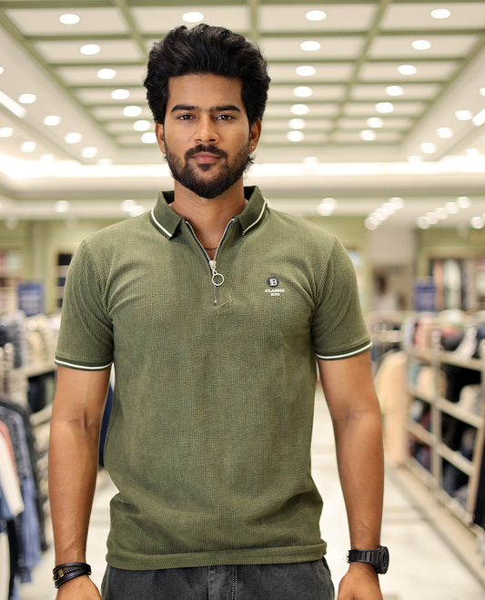 Green Corduroy T-Shirt Comes with a Polo Neck, Half-Sleeves, a Slim Fit, and Regular Length