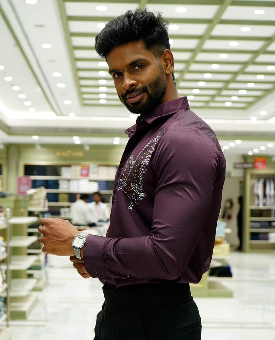 Maroon Designer Party Wear Shirt Features Bird Embroidered, a Spread Collar, Full Sleeves, a Slim Fit, and Regular Length