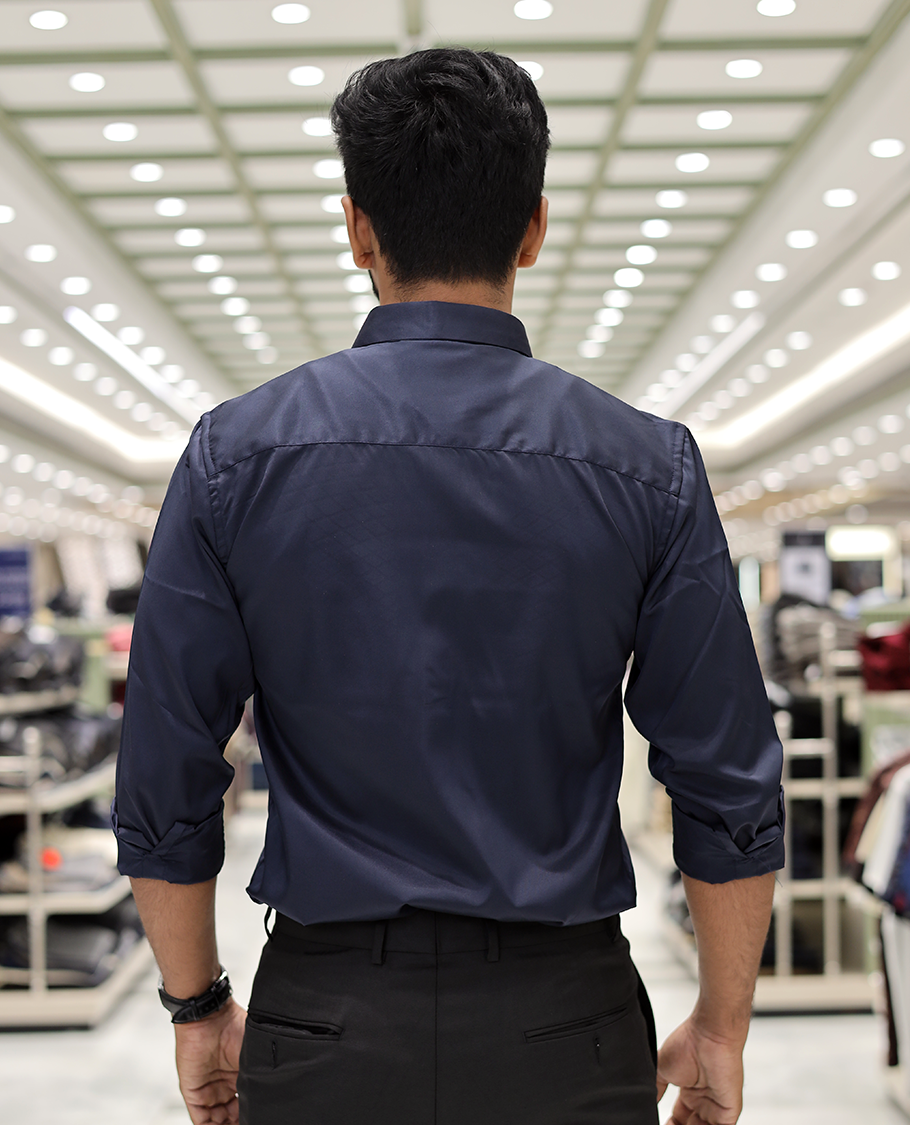Navy Blue Poly-Blended Party Wear Shirt, Features Geometric Flock Print, Full Sleeves, Spread Collar, Slim Fit, and Regular Length 