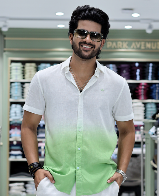Green Cotton-Blended Ombre Casual Shirt Features Half Sleeves, a Spread Collar, a Regular Fit, and a Regular Length