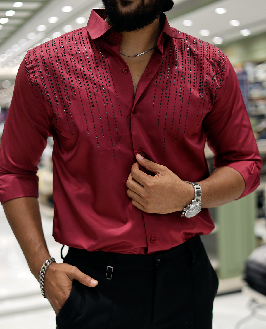Red Poly-Blended Party-Wear Shirt Features Stonework, a Full Sleeve, a Spread Collar, a Slim Fit, and Regular Length