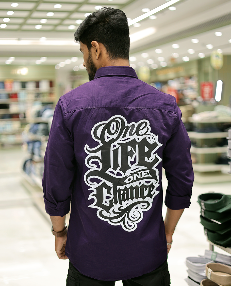 Purple Cotton-Blended Casual Shirt Features Life-Quotes Backprint, Full-Sleeves, a Spread Collar, a Regular Fit, and a Regular Length