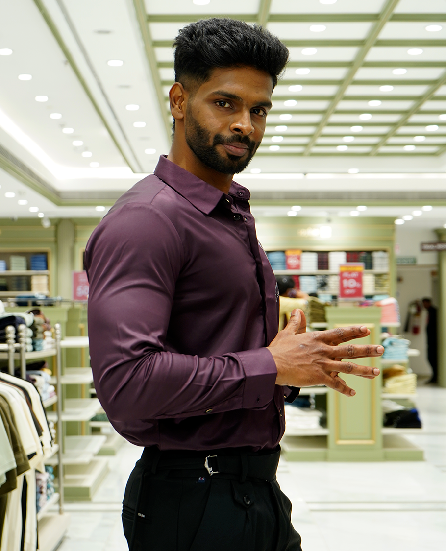 Maroon Designer Party Wear Shirt Features Bird Embroidered, a Spread Collar, Full Sleeves, a Slim Fit, and Regular Length