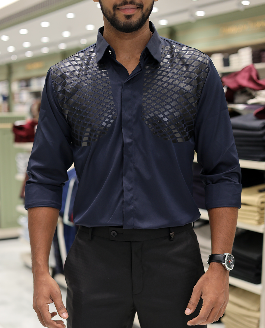 Navy Blue Poly-Blended Party Wear Shirt, Features Geometric Flock Print, Full Sleeves, Spread Collar, Slim Fit, and Regular Length 