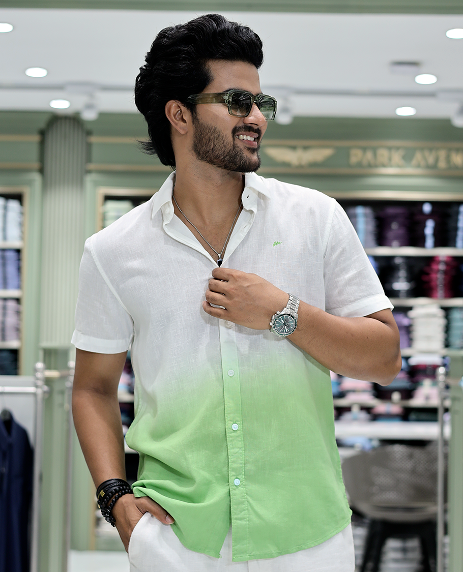 Green Cotton-Blended Ombre Casual Shirt Features Half Sleeves, a Spread Collar, a Regular Fit, and a Regular Length