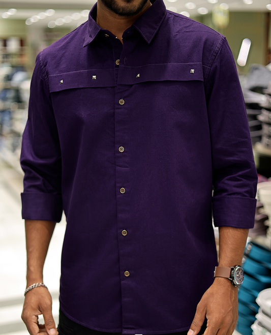 Purple Cotton-Blended Casual Shirt Features Life-Quotes Backprint, Full-Sleeves, a Spread Collar, a Regular Fit, and a Regular Length