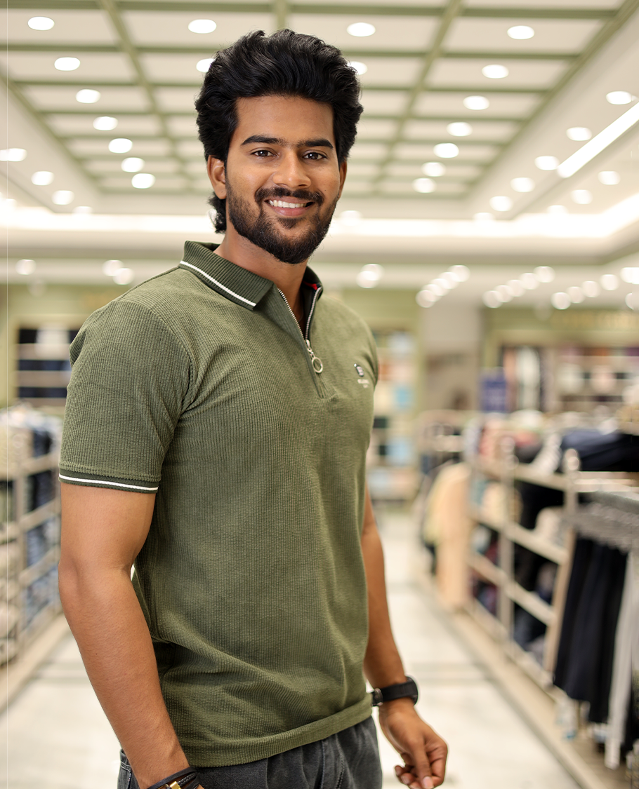 Green Corduroy T-Shirt Comes with a Polo Neck, Half-Sleeves, a Slim Fit, and Regular Length