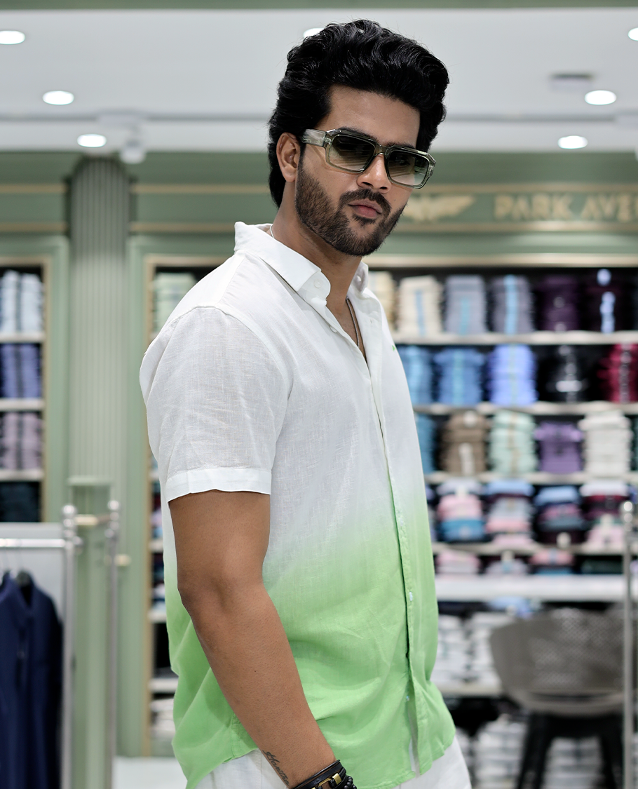 Green Cotton-Blended Ombre Casual Shirt Features Half Sleeves, a Spread Collar, a Regular Fit, and a Regular Length