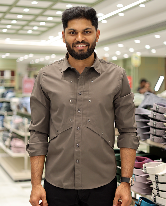 Brown Cotton-Blended Casual Shirt Features Life-Quotes Backprint, Full-Sleeves, a Spread Collar, a Regular Fit, and a Regular Length