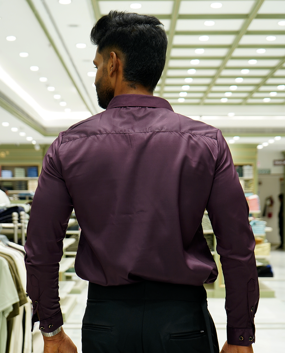 Maroon Designer Party Wear Shirt Features Bird Embroidered, a Spread Collar, Full Sleeves, a Slim Fit, and Regular Length