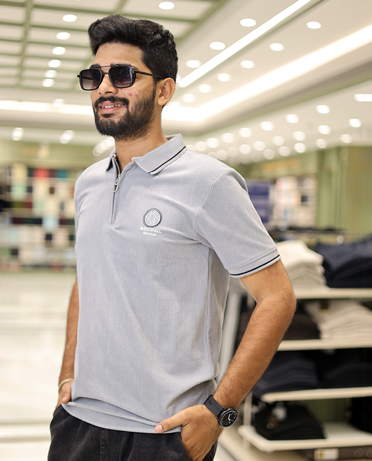 Light Grey Corduroy T-Shirt Comes with a Polo Neck, Half-Sleeves, a Slim Fit, and Regular Length