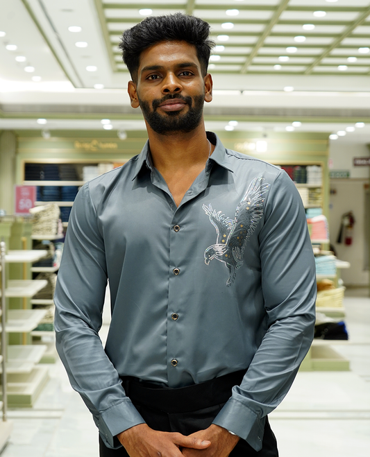 Light Grey Designer Party Wear Shirt Features Bird Embroidered, a Spread Collar, Full Sleeves, a Slim Fit, and Regular Length